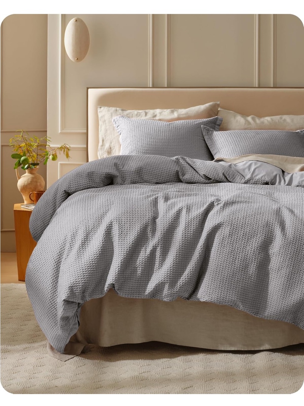 NEW Bedsure PureWoven 3-Piece 100% Cotton Waffle Duvet Cover Set, Queen, Grey